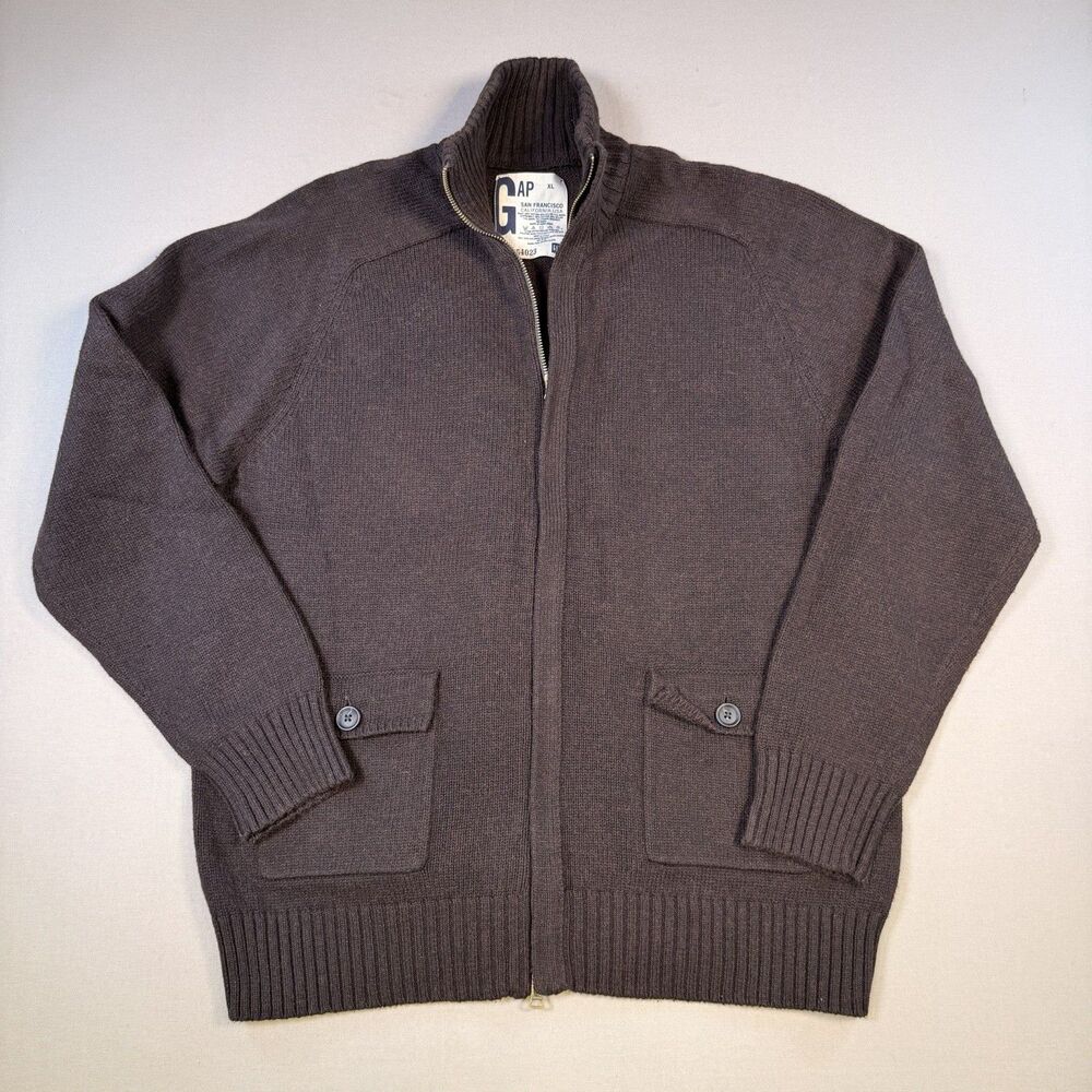 VTG GAP Dark Brown Wool Blend Full Zip Mock Neck Sweater Cardigan Mens XL Jacket